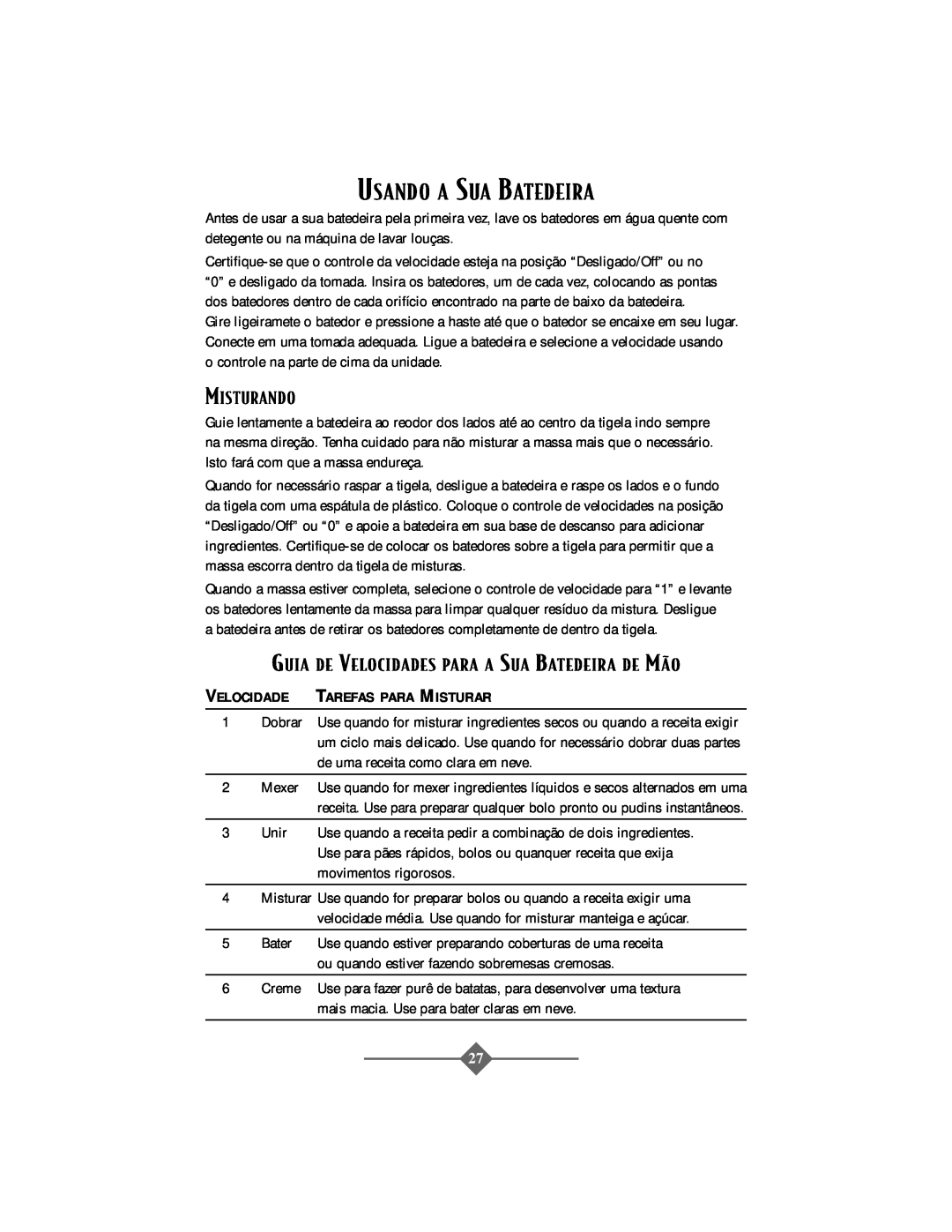 Oster 2506 instruction manual Usando A Sua Batedeira, Misturando, Guia De Velocidades Para A Sua Batedeira De Mìo 