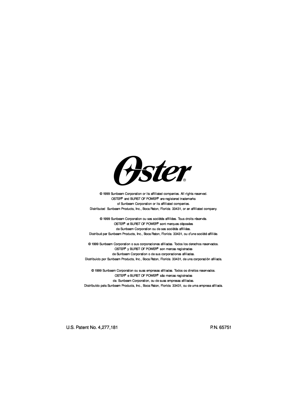Oster 2506 instruction manual U.S. Patent No. 4,277,181 