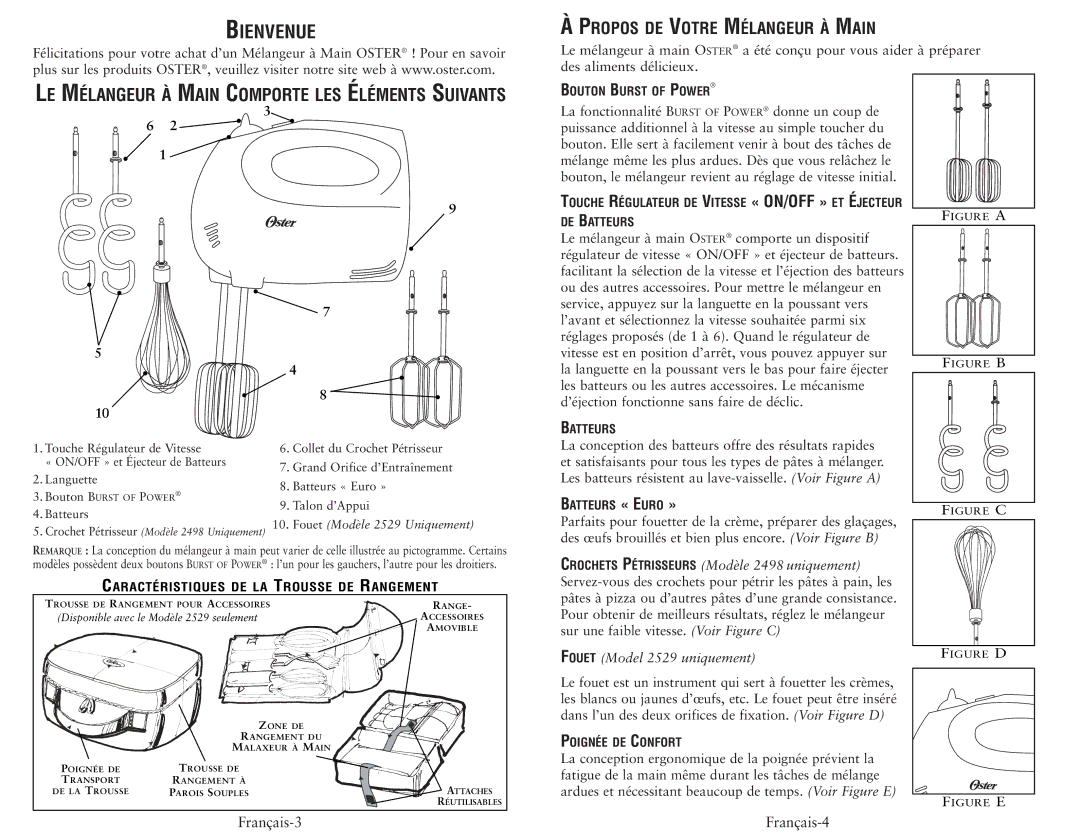 Oster 2498 user manual Propos DE Votre Mélangeur À Main, Fouet Model 2529 uniquement 