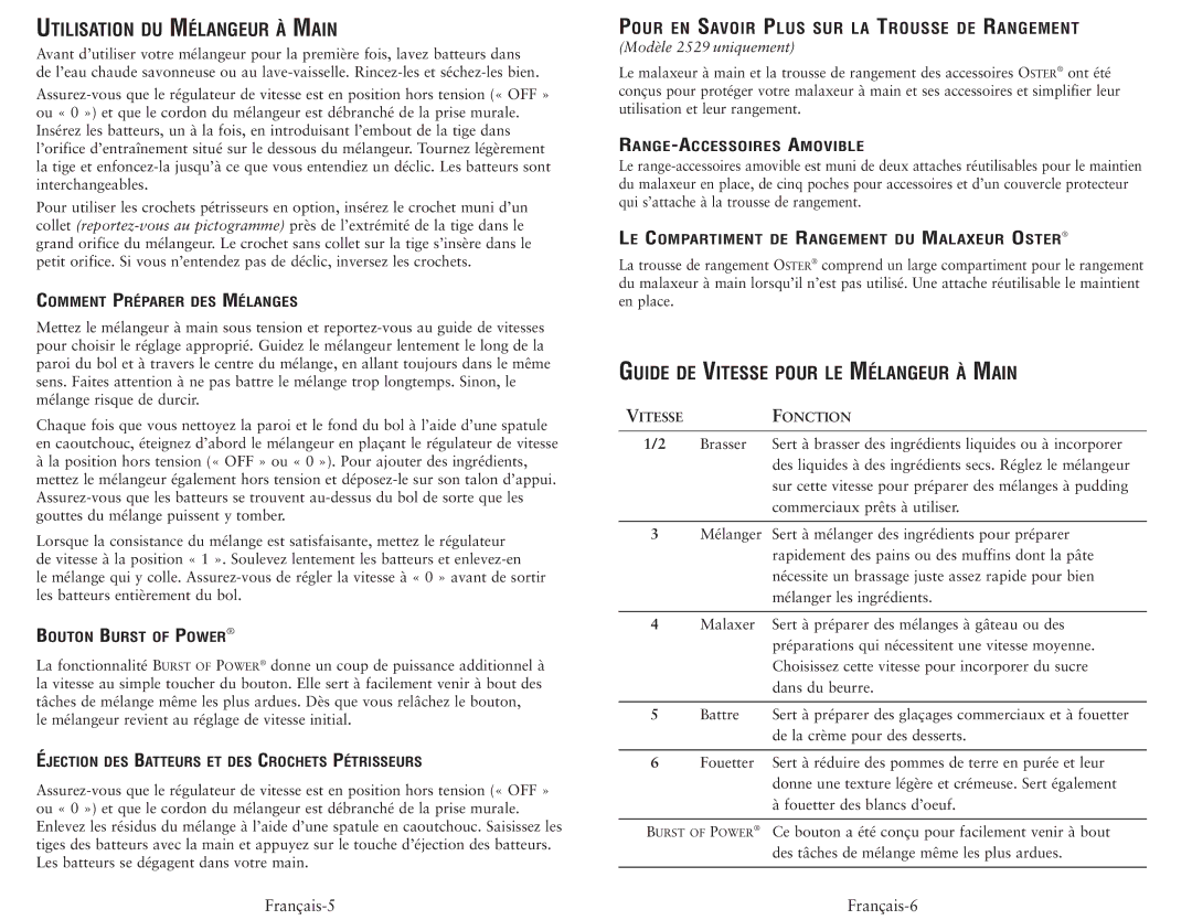 Oster 2498, 2529 user manual Utilisation DU Mélangeur À Main, Guide DE Vitesse Pour LE Mélangeur À Main 