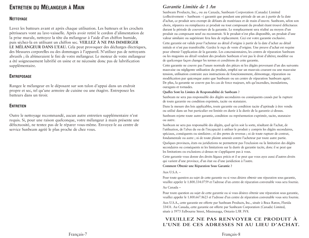 Oster 2529, 2498 Entretien DU Mélangeur À Main, Garantie Limitée de 1 An, Comment Obtenir une Réparation Sous Garantie ? 