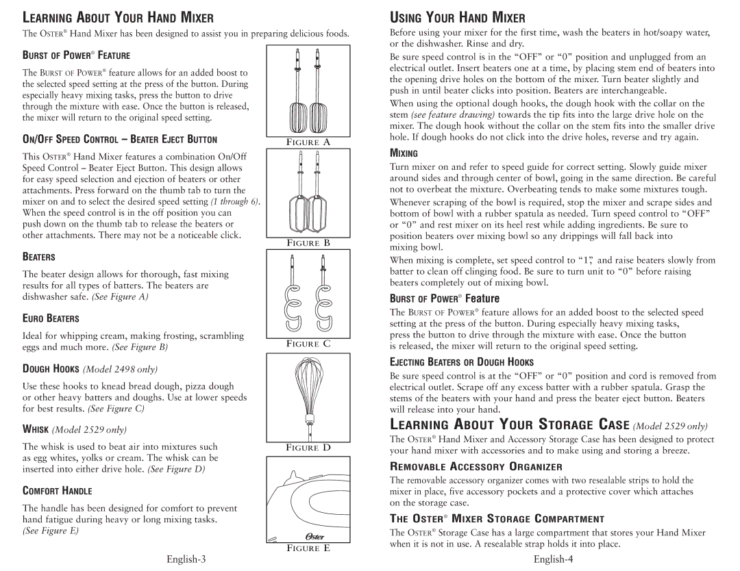 Oster 2498, 2529 user manual Learning about Your Hand Mixer, Using Your Hand Mixer, Removable Accessory Organizer 