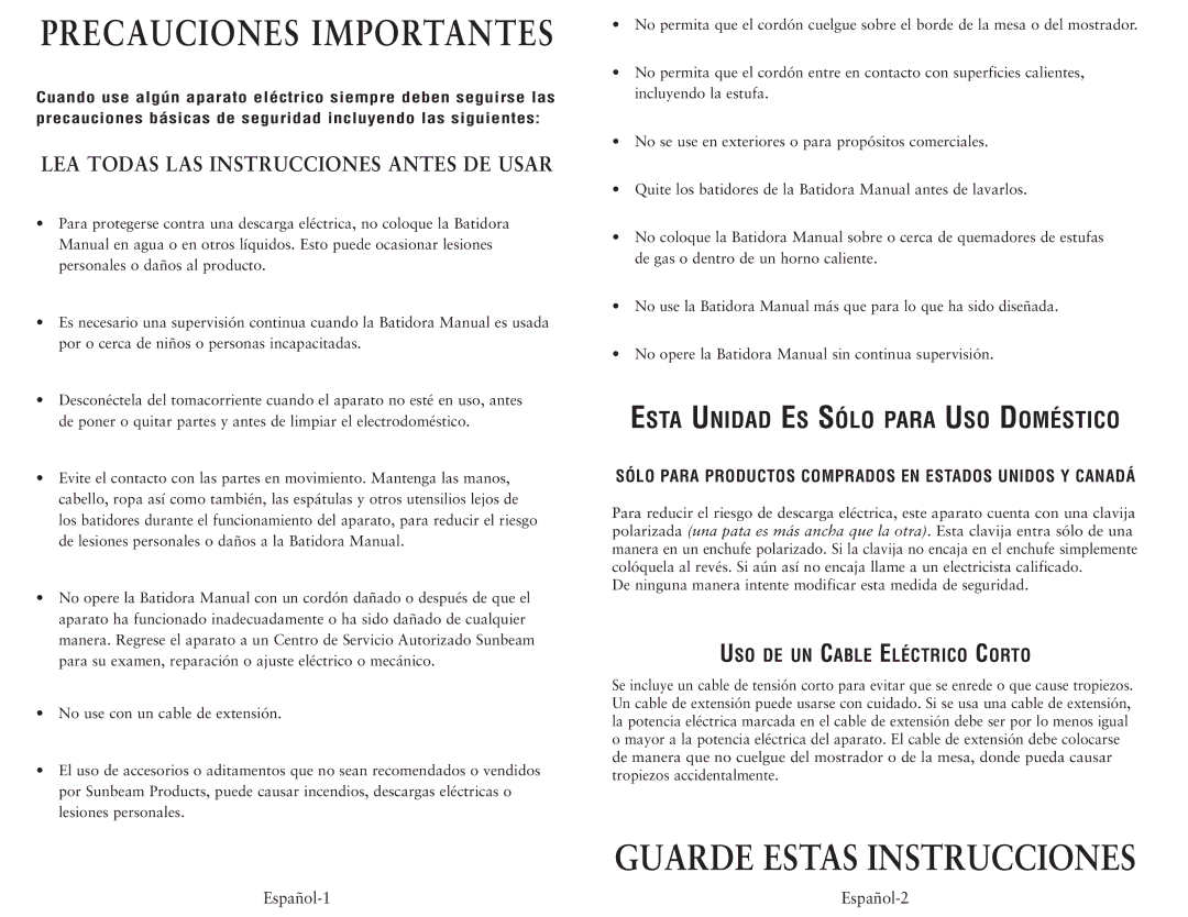 Oster 2498, 2529 user manual USO DE UN Cable Eléctrico Corto, Sólo Para Productos Comprados EN Estados Unidos Y Canadá 