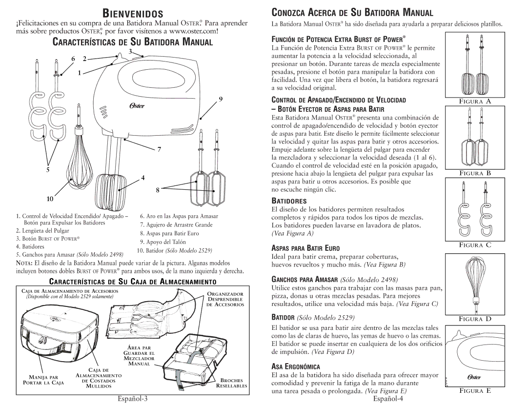 Oster 2529 Conozca Acerca DE SU Batidora Manual, Características DE SU Batidora Manual, Batidores, Batidor Sólo Modelo 