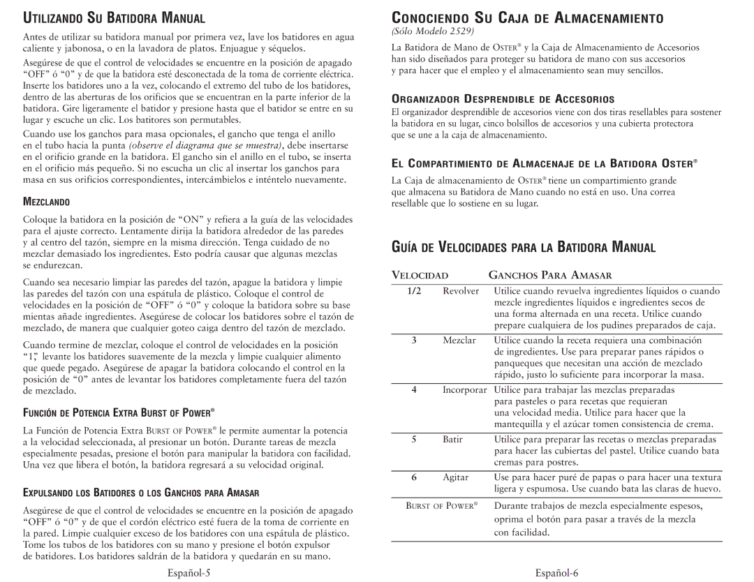 Oster 2498, 2529 user manual Utilizando SU Batidora Manual, Guía DE Velocidades Para LA Batidora Manual, Sólo Modelo 