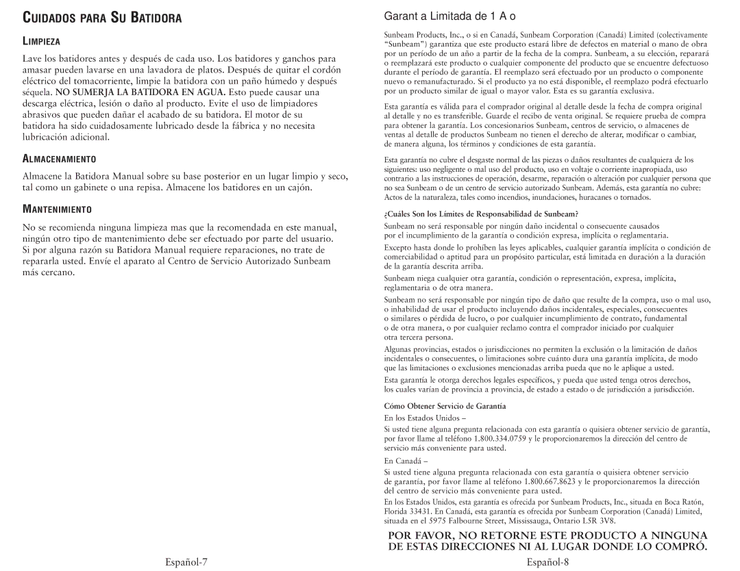 Oster 2529, 2498 user manual Garantía Limitada de 1 Año, ¿Cuáles Son los Límites de Responsabilidad de Sunbeam? 