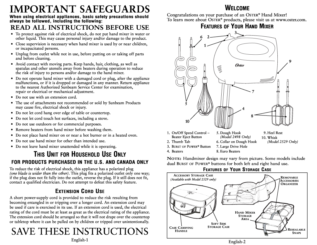 Oster 2529 Important Safeguards, Save These Instructions, Read All Instructions Before Use, Welcome, Extension Cord Use 