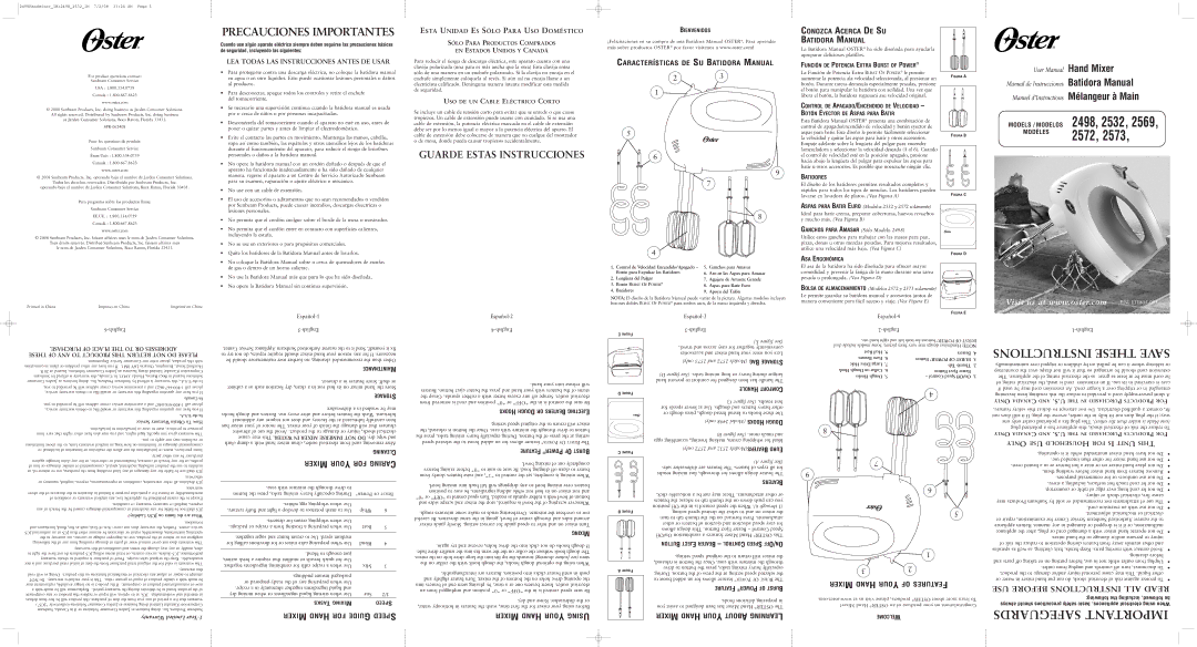 Oster 2573, 2572, 2569, 2532 user manual Características DE SU Batidora Manual, Conozca Acerca DE SU Batidora Manual 