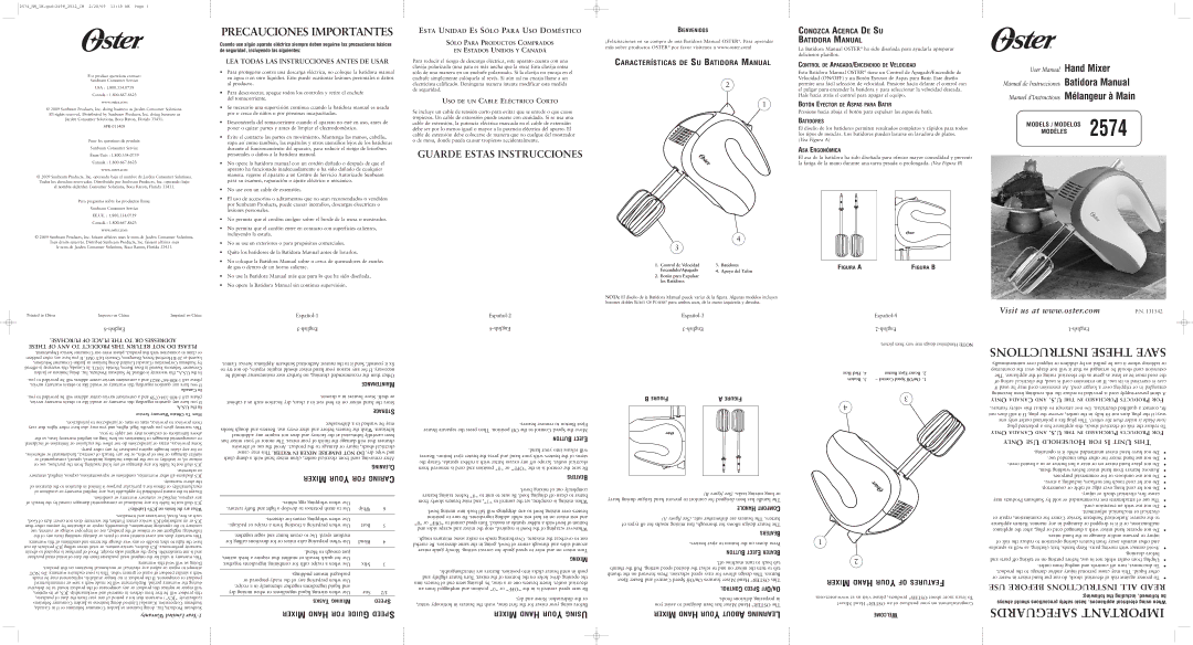 Oster 131542, 2574 user manual Ixerm Andh Oury Singu, Características DE SU Batidora Manual, Ixerm Andh Oury of Eaturesf 