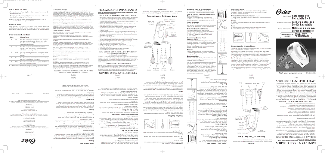 Oster 2534 user manual HOW to Adjust the Speed, Speed Guide for Hand Mixer, Bienvenidos, Utilización DE SU Batidora Manual 