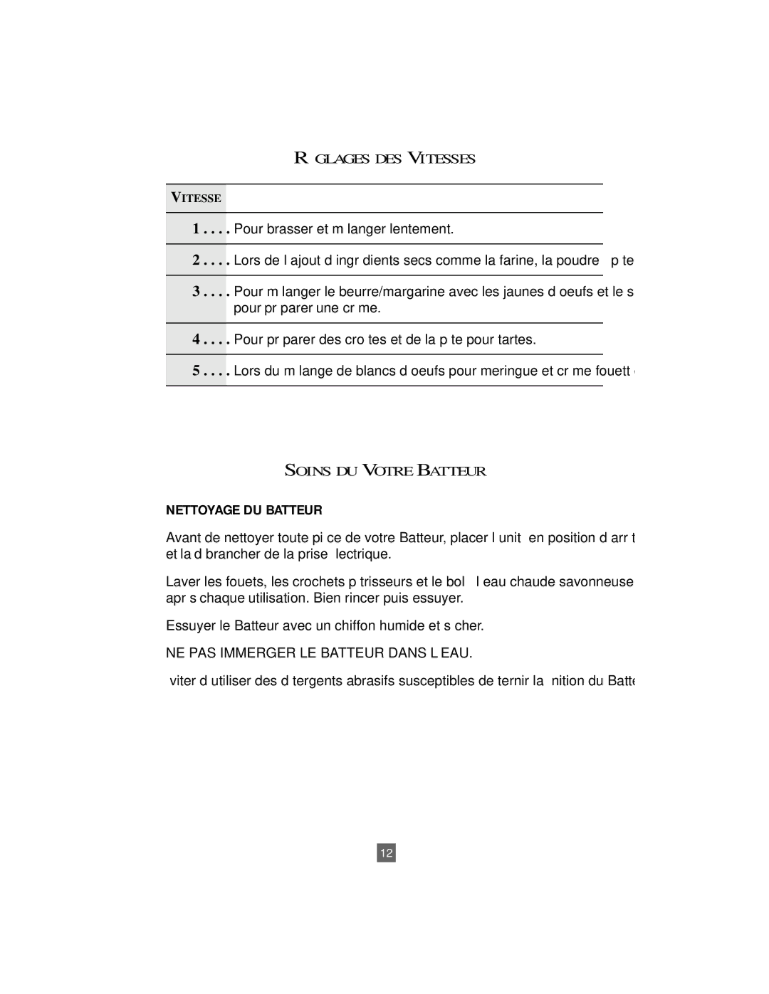 Oster 2604 instruction manual RƒGLAGES DES Vitesses, Soins DU Votre Batteur, Nettoyage DU Batteur 