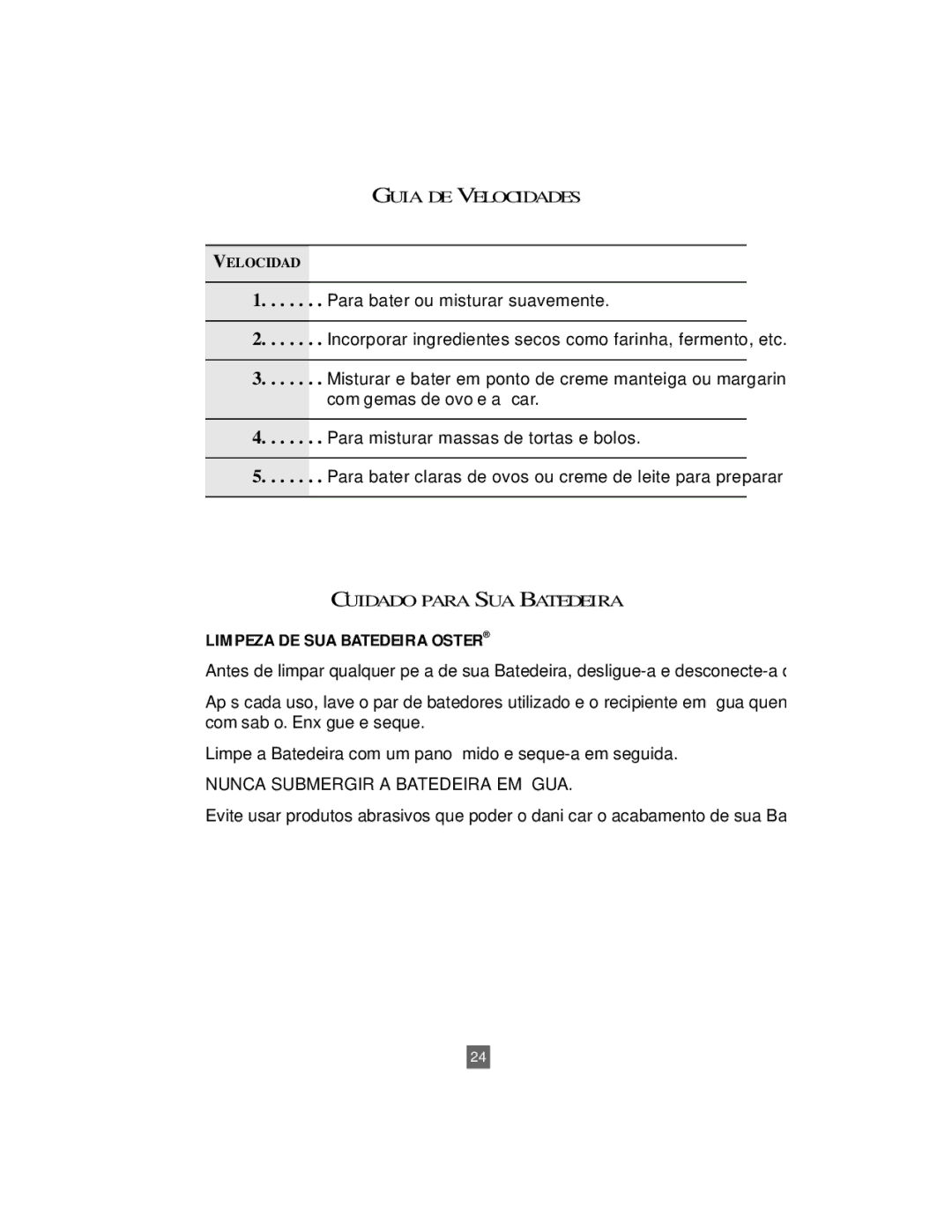 Oster 2604 instruction manual Guia DE Velocidades, Cuidado Para SUA Batedeira, Limpeza DE SUA Batedeira Oster 