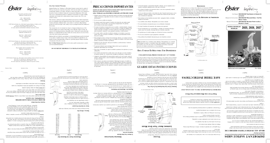 Oster 2607, 2605, 2606 user manual English-7 Español-1 Español-2 Español-3, Bienvenidos, Easuring Nstructions Perating 