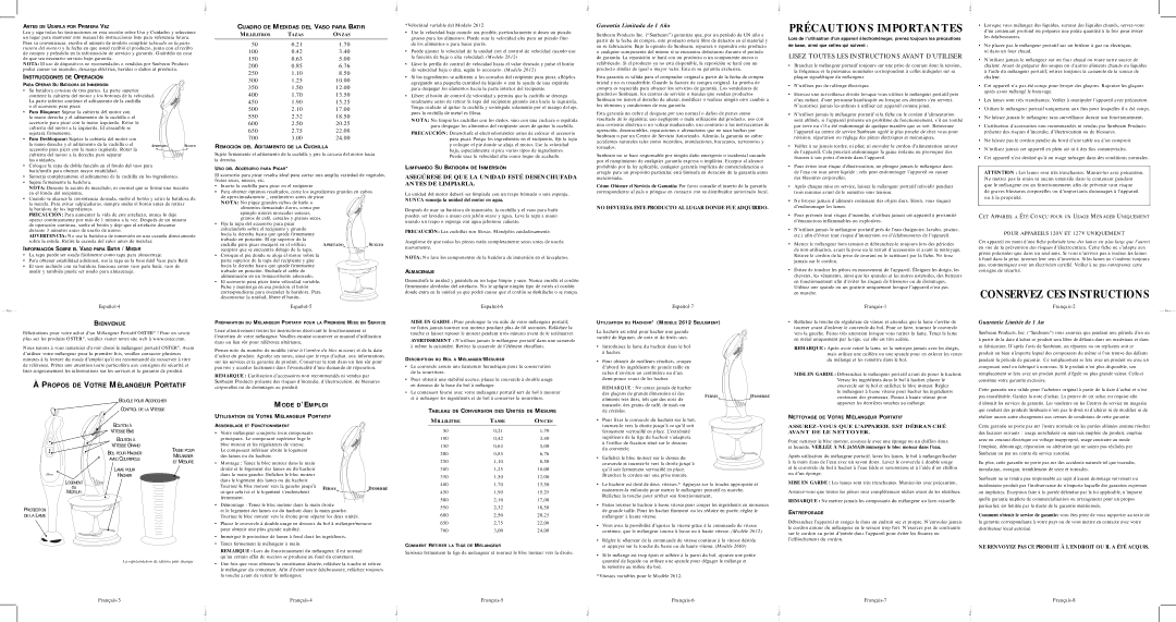 Oster 2606, 2605, 2607 user manual Español-4, Español-5, Español-6, Español-7, Français-1, Français-2 