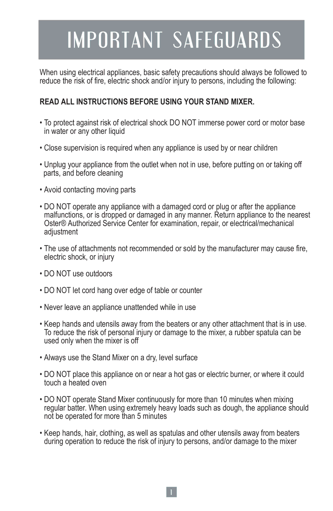 Oster 2700 instruction manual Important Safeguards, Read ALL Instructions Before Using Your Stand Mixer 