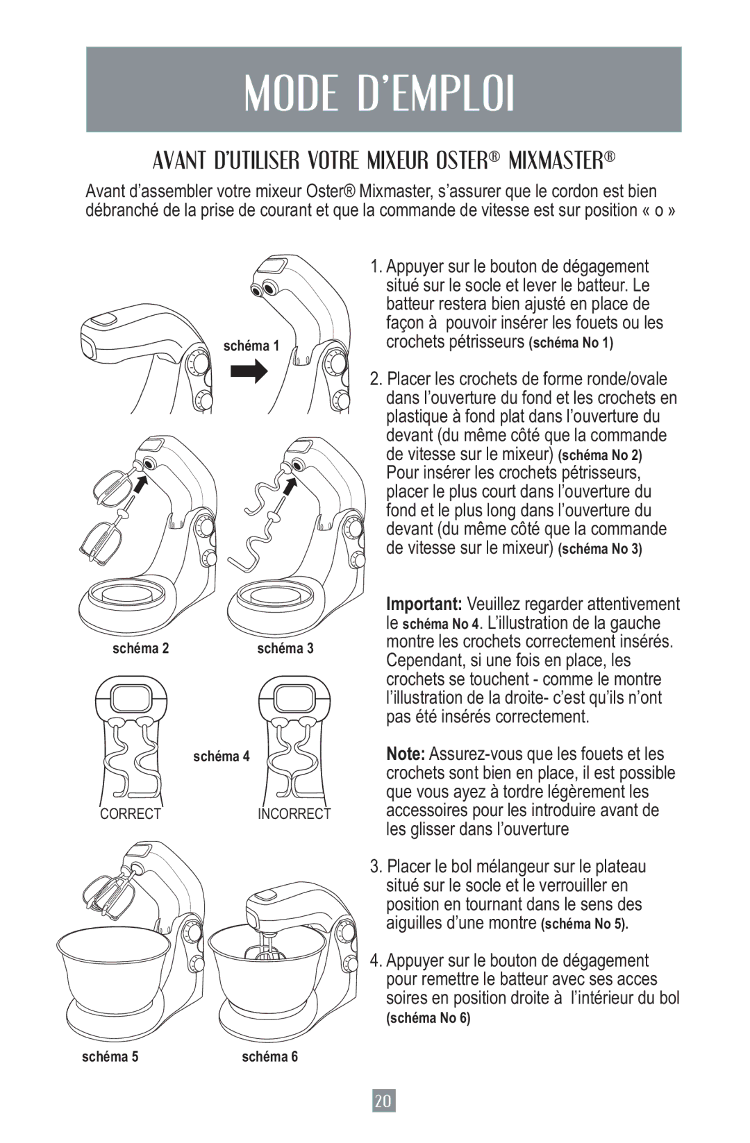 Oster 2700 instruction manual Mode D’EMPLOI, Avant D’UTILISER Votre Mixeur Oster Mixmaster 