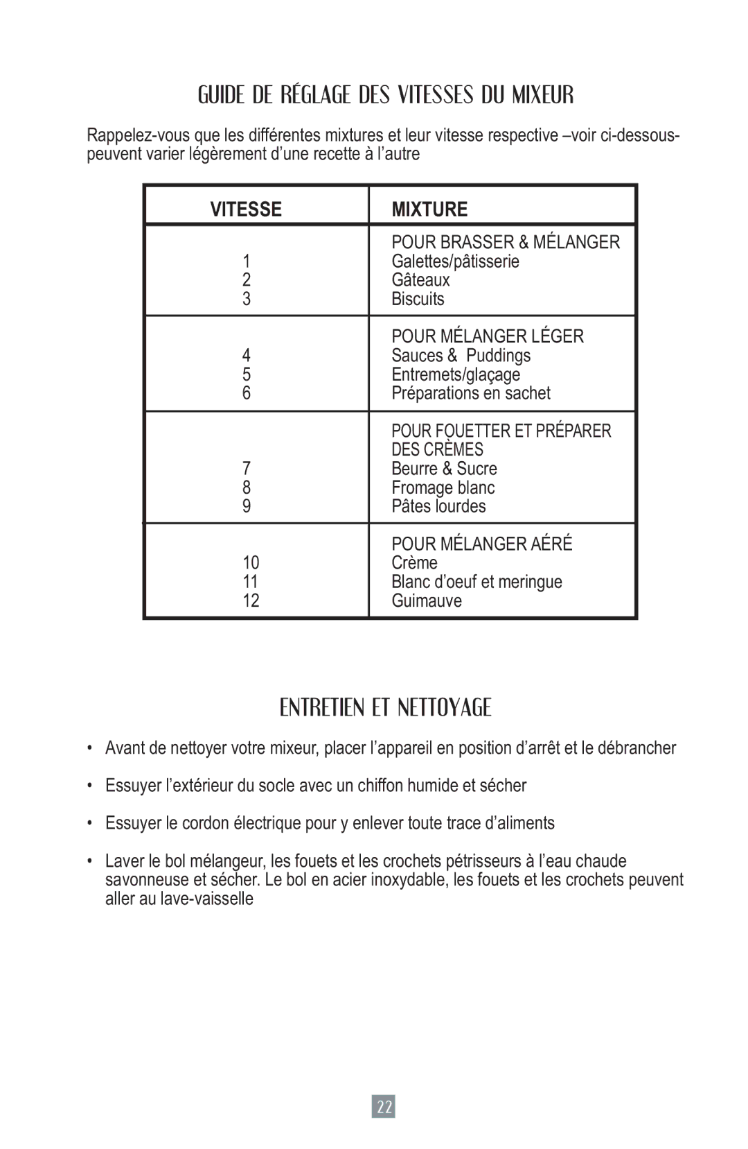 Oster 2700 instruction manual Guide DE Réglage DES Vitesses DU Mixeur 