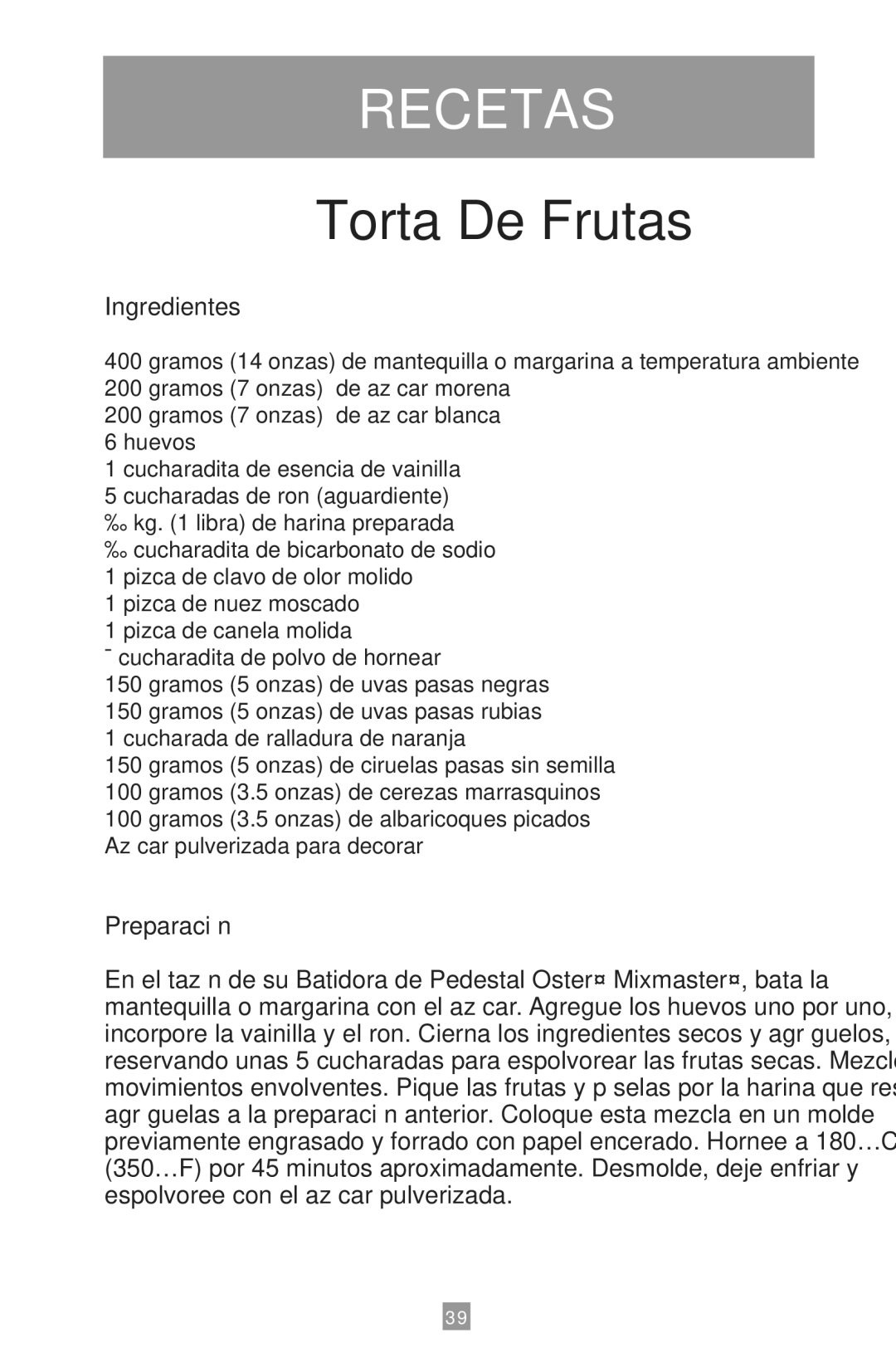 Oster 2700 instruction manual Recetas, Torta De Frutas 