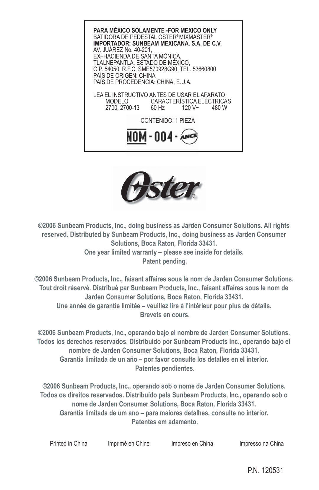 Oster 2700 instruction manual Para México Sólamente -FOR Mexico only 