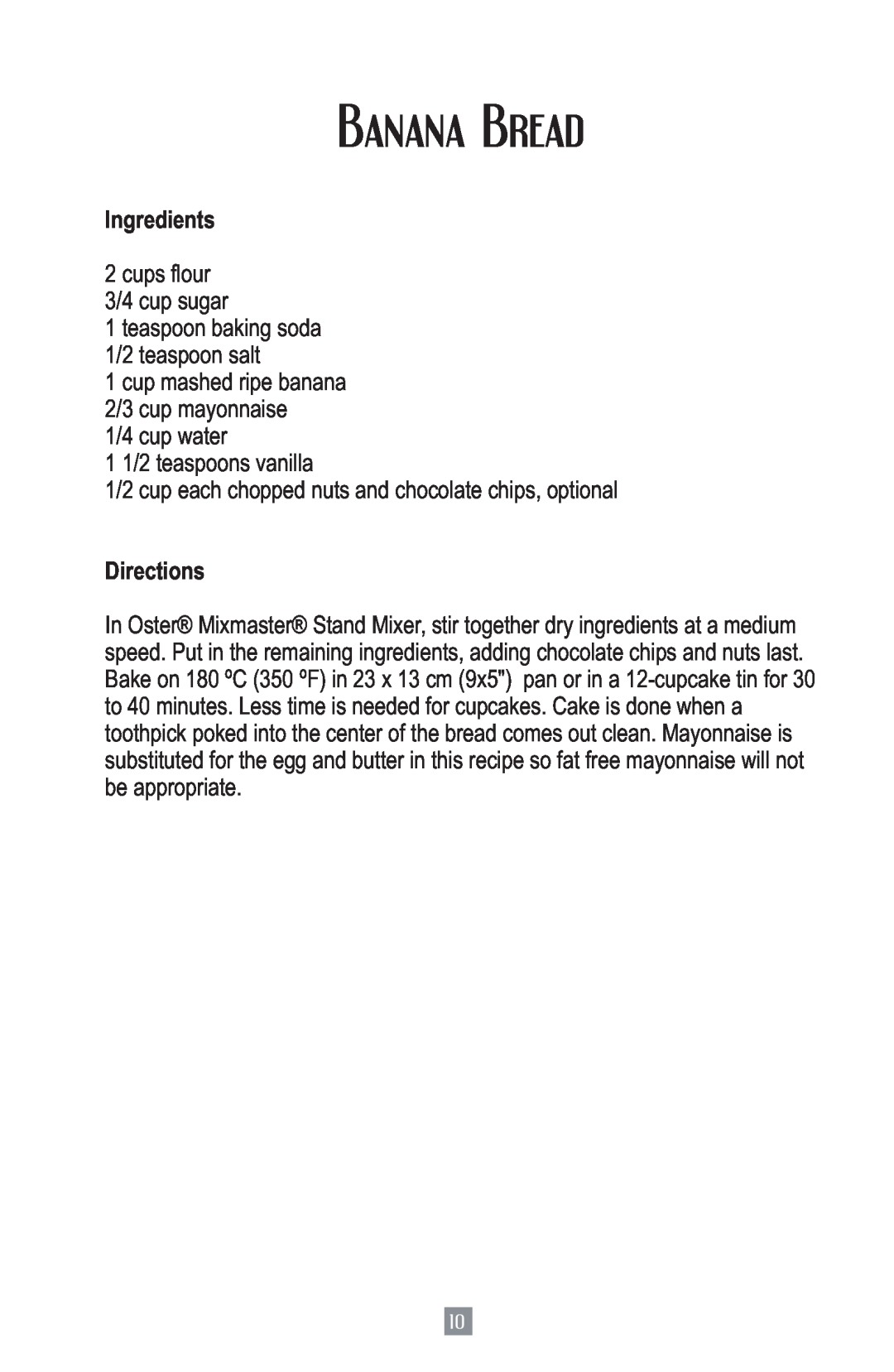 Oster 2700 instruction manual Banana Bread, Ingredients, Directions 