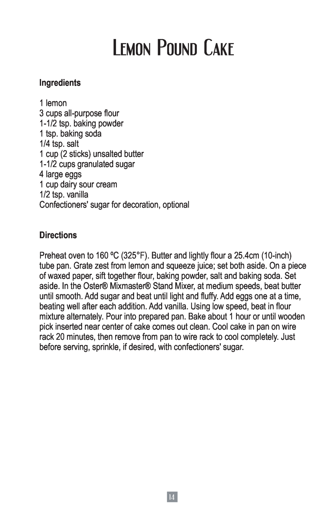 Oster 2700 instruction manual Lemon Pound Cake, Ingredients, Directions 