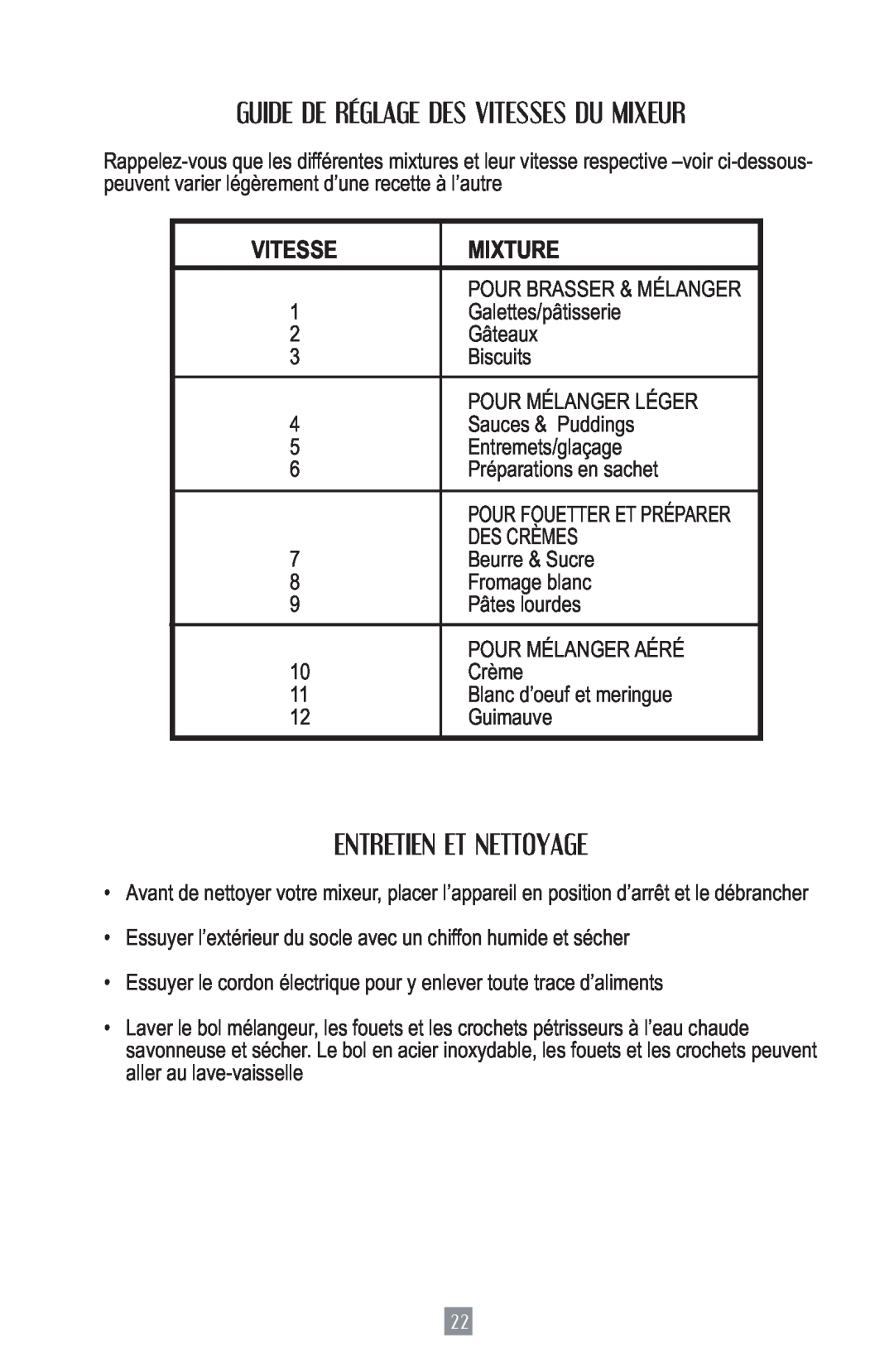 Oster 2700 instruction manual Guide De Réglage Des Vitesses Du Mixeur, Entretien Et Nettoyage, Mixture 
