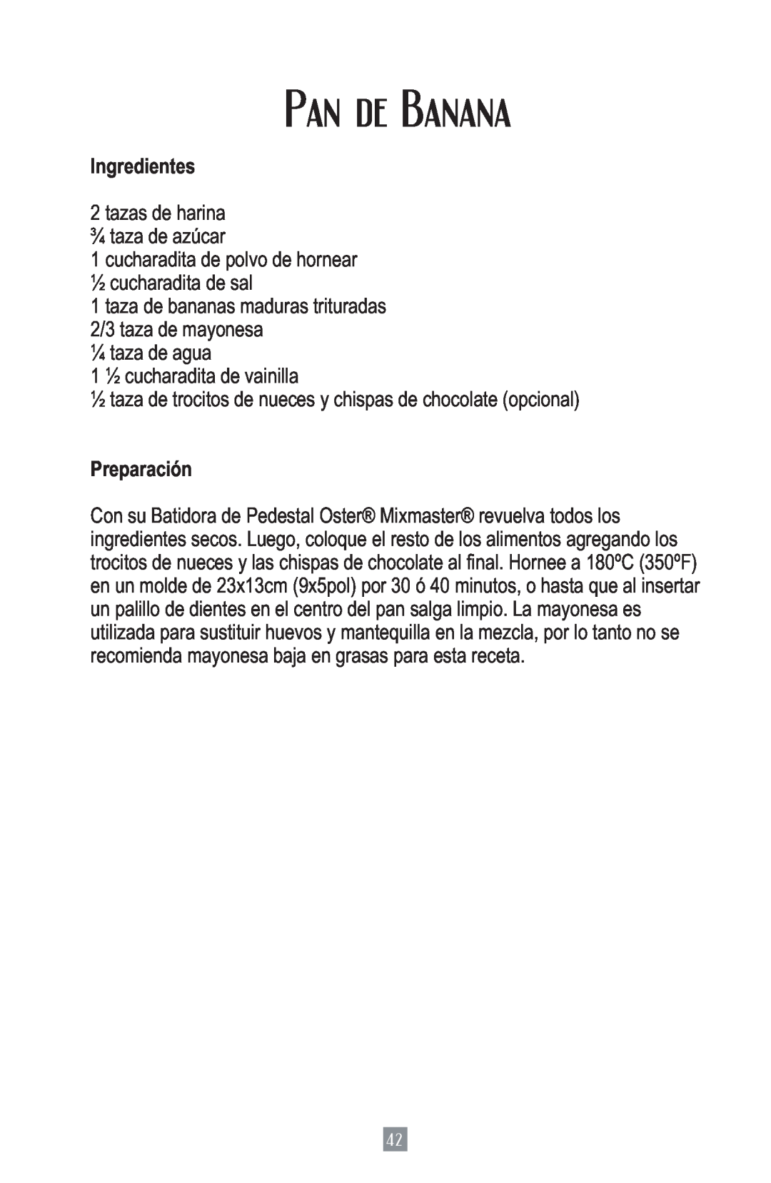 Oster 2700 instruction manual Pan de Banana, Ingredientes, Preparación 