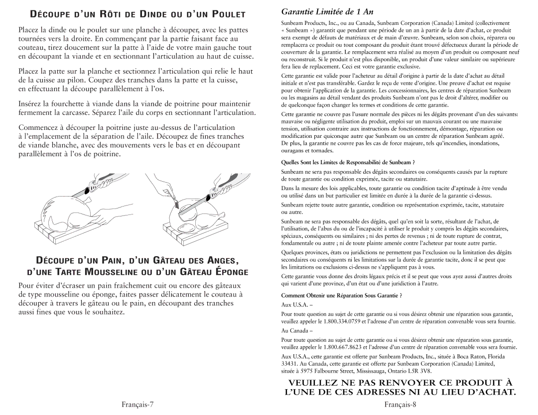 Oster 2802 Découpe D’UN Rôti DE Dinde OU D’UN Poulet, Découpe D’UN PAIN, D’UN Gâteau DES Anges, Garantie Limitée de 1 An 