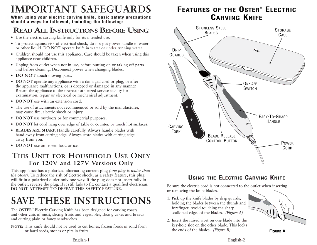 Oster 2802, 2803 user manual Important Safeguards, Using the Electric Carving Knife 