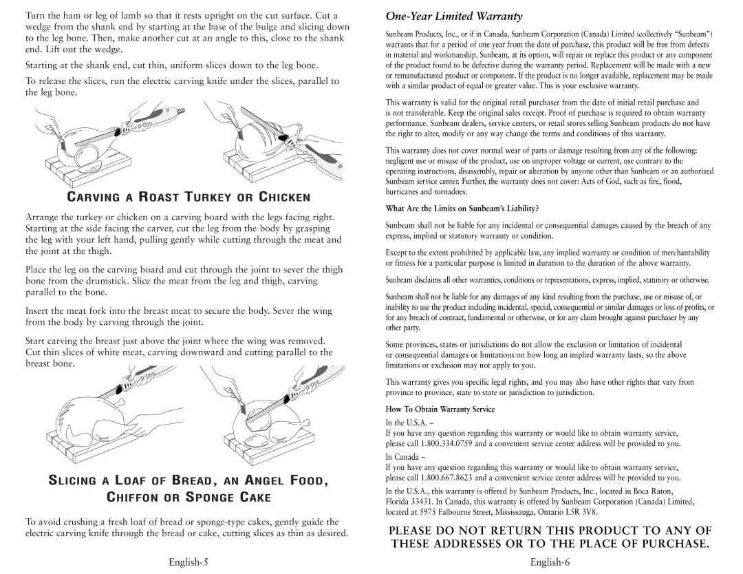 Oster 2802, 2803 Carving a Roast Turkey or Chicken, One-Year Limited Warranty, What Are the Limits on Sunbeam’s Liability? 