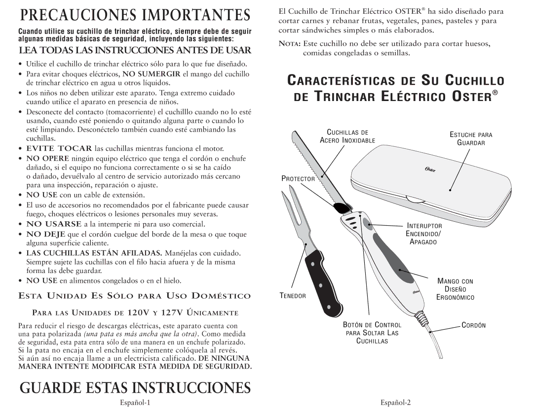 Oster 2803, 2802 user manual Guarde Estas Instrucciones 