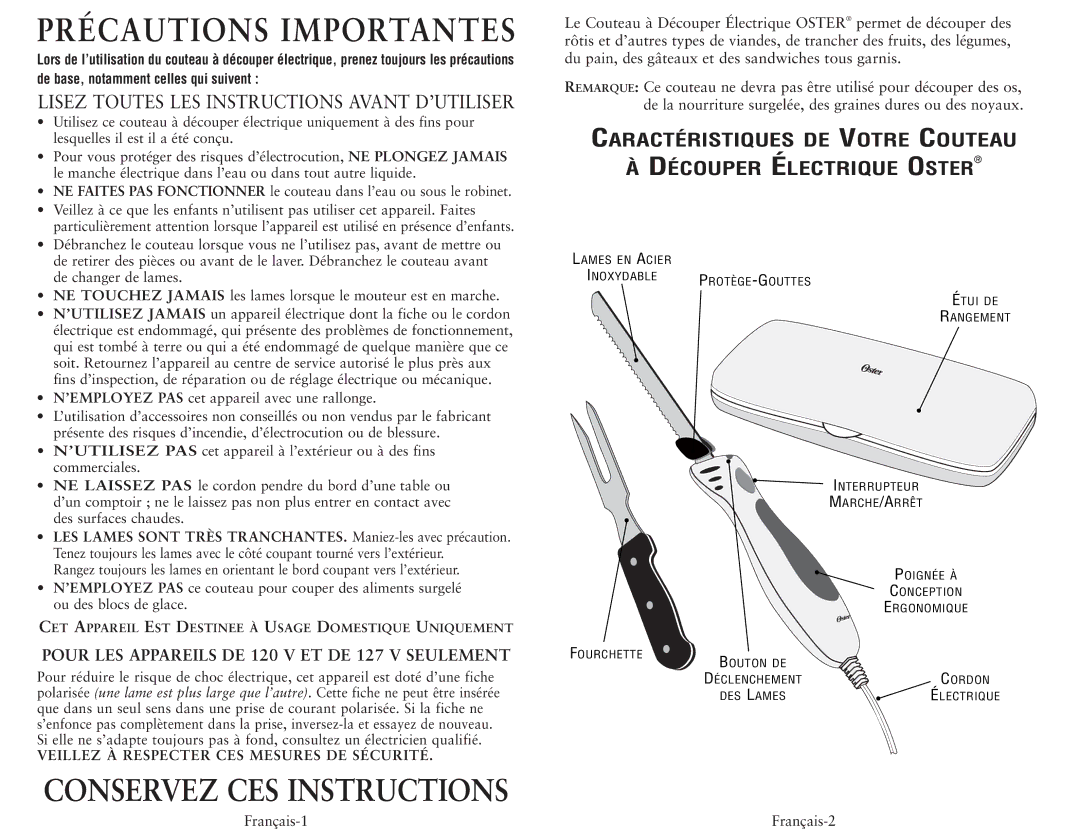 Oster 2803, 2802 user manual Précautions Importantes 