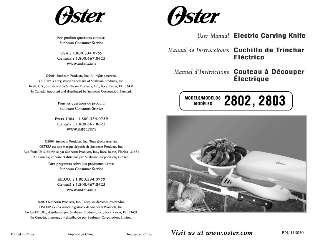 Oster 2803, 2802 user manual Eléctrico, Électrique, Manual de Instrucciones Cuchillo de Trinchar, USA Canada, EE.UU Canadá 