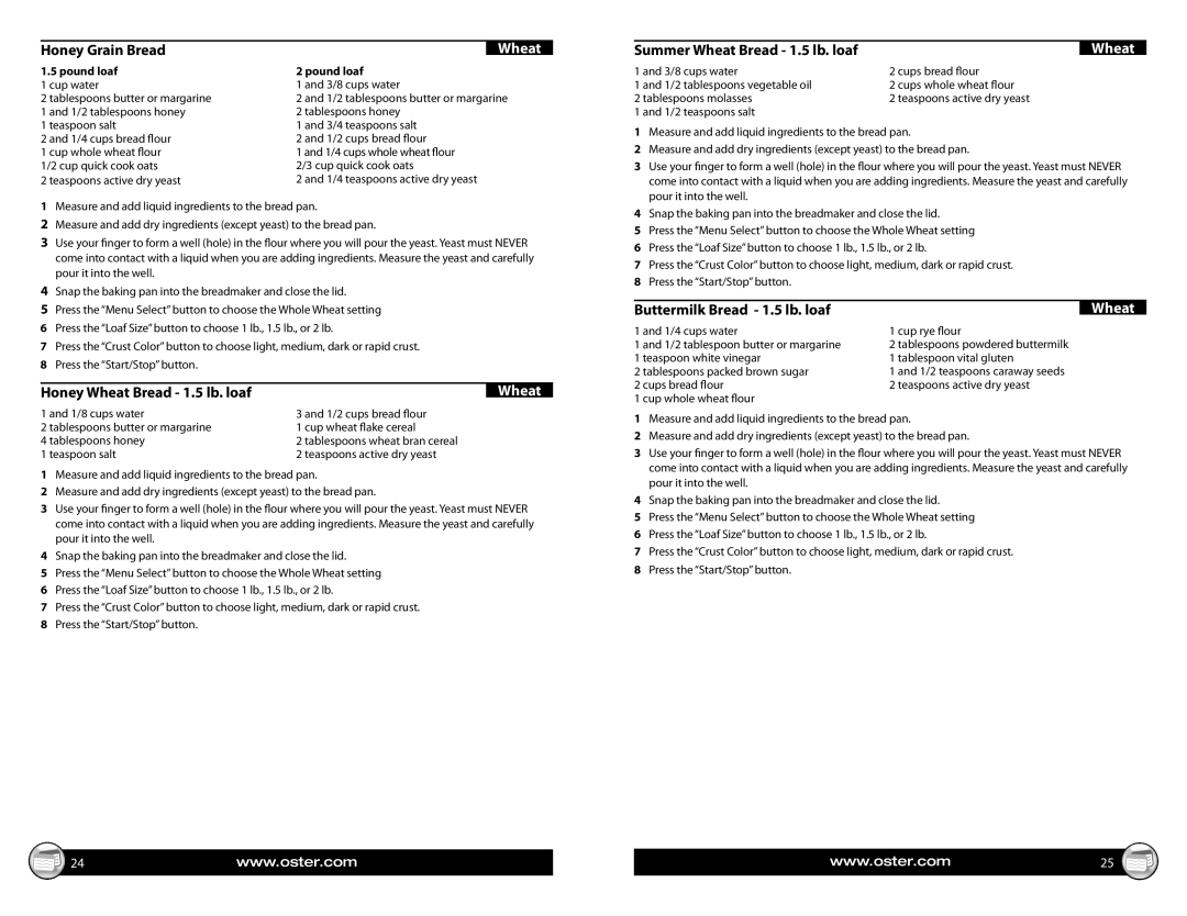 Oster 2LB Breadmaker with Express Bake Honey Grain Bread, Honey Wheat Bread 1.5 lb. loaf, Summer Wheat Bread 1.5 lb. loaf 