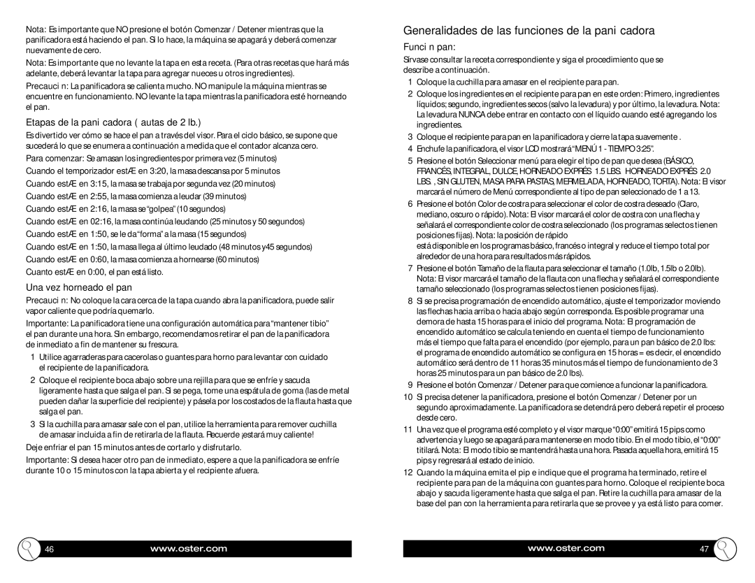 Oster CKSTBR9050 Generalidades de las funciones de la panicadora, Etapas de la paniﬁcadora ﬂautas de 2 lb, Función pan 