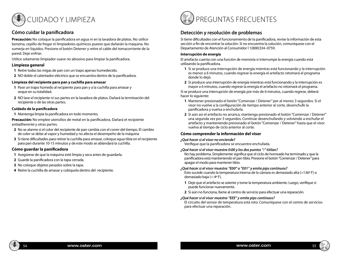 Oster CKSTBR9050 Cuidado Y Limpieza, Preguntas Frecuentes, Cómo cuidar la panicadora, Detección y resolución de problemas 