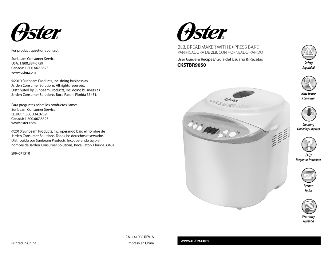 Oster 2LB Breadmaker with Express Bake warranty CKSTBR9050, 2LB. BREADMAKER WITH EXPRESS BAKE, Safety, How to use, FAQs 