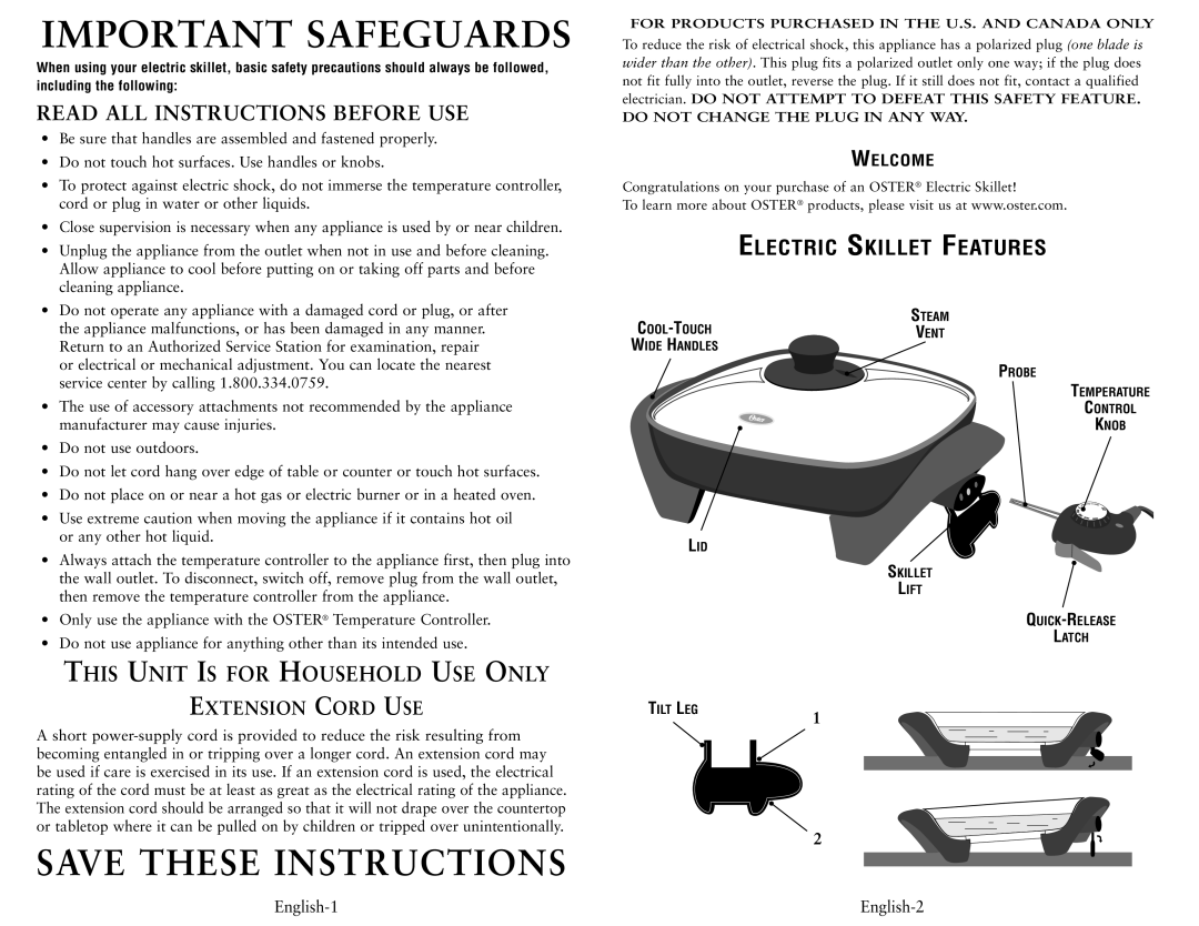 Oster 3004, 3001 user manual Important Safeguards 