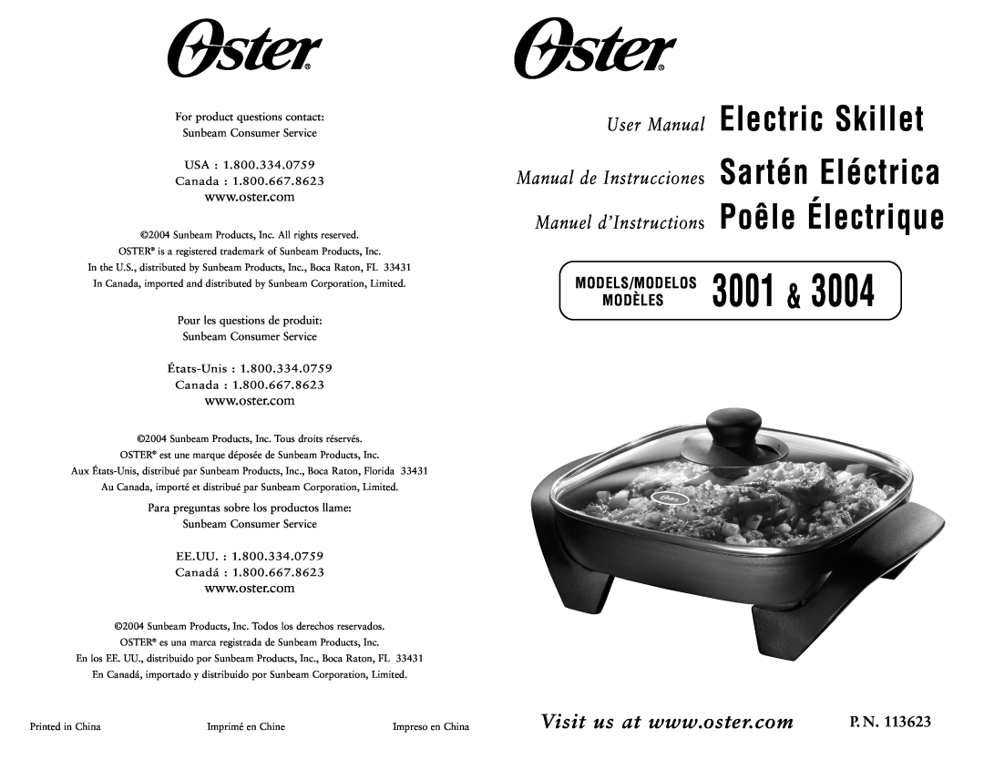 Oster 3001 user manual P. N, Manual de Instrucciones Sartén Eléctrica, Manuel d’Instructions Poêle Électrique, USA Canada 