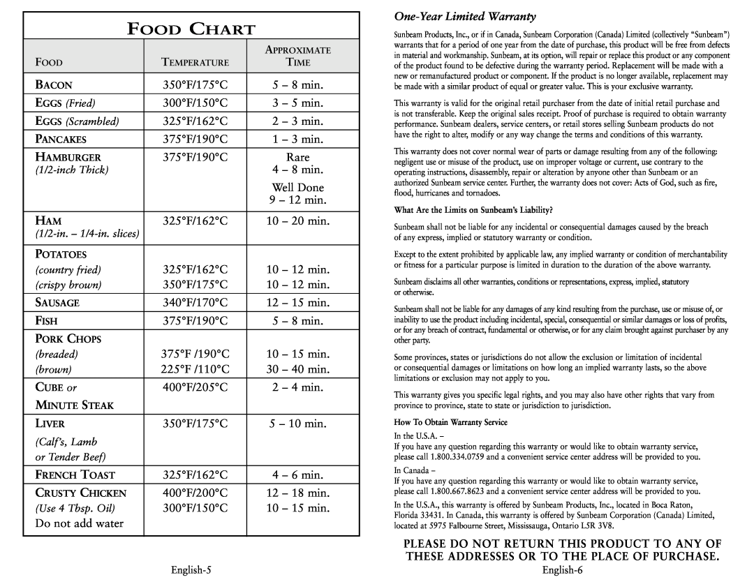 Oster 3004, 3001 user manual Food Chart, One-YearLimited Warranty 