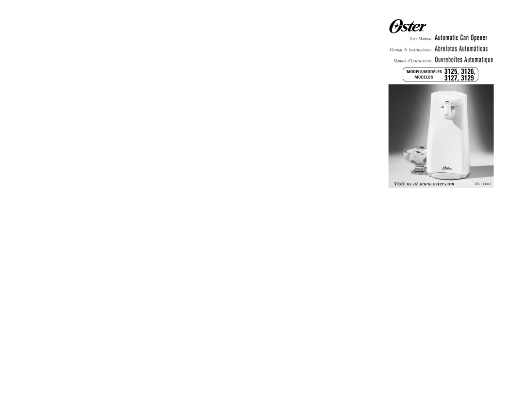Oster 3127, 3129 user manual 3125, 3126, Abrelatas Automáticas, Ouvreboîtes Automatique, Modelos, Models/Modèles, P.N 
