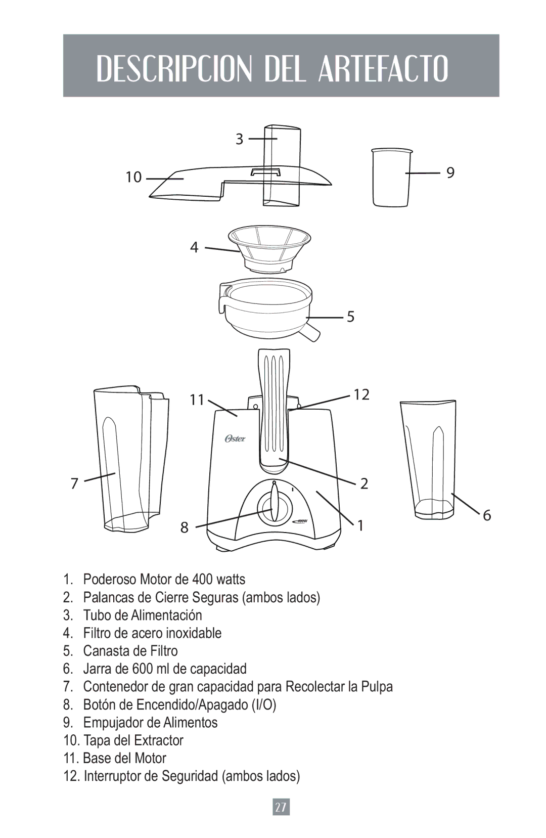 Oster 3157 instruction manual Descripcion DEL Artefacto 