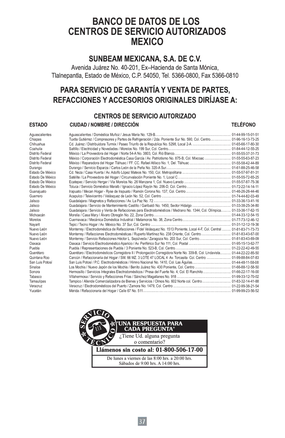 Oster 3157 instruction manual Banco DE Datos DE LOS Centros DE Servicio Autorizados Mexico 