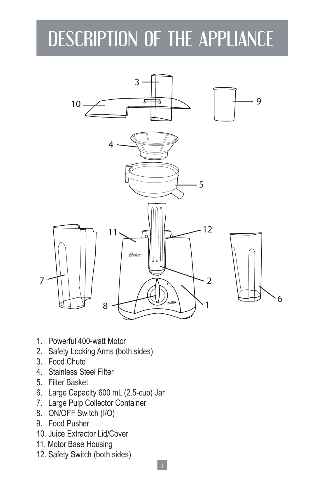 Oster 3157 instruction manual Description of the Appliance 