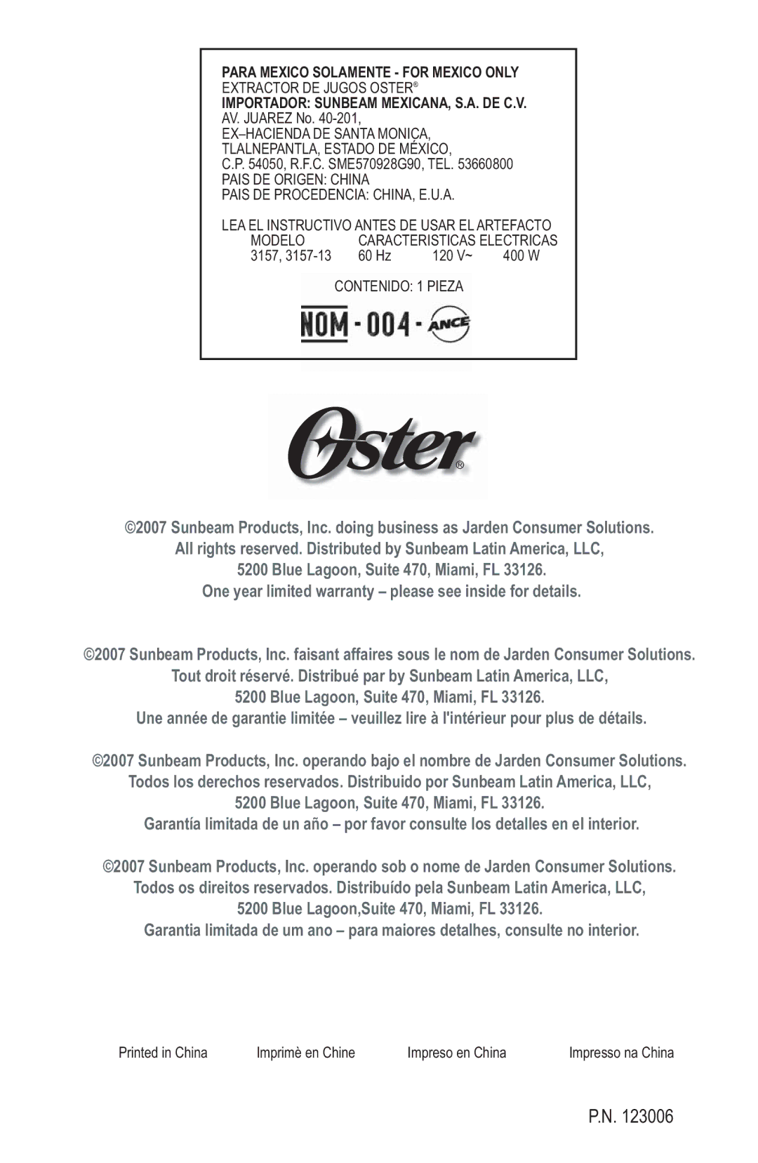 Oster 3157 instruction manual Para Mexico Solamente for Mexico only 