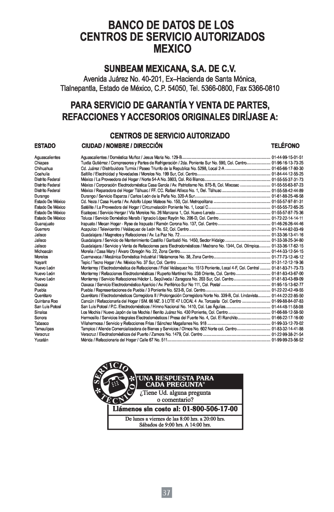 Oster 3157 instruction manual Banco De Datos De Los Centros De Servicio Autorizados Mexico 