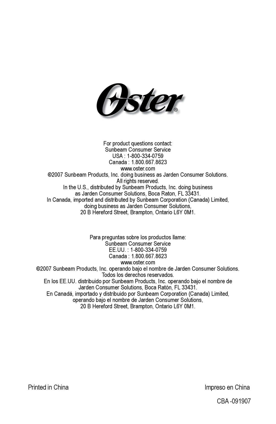 Oster 3168, 124828 user manual Impreso en China 