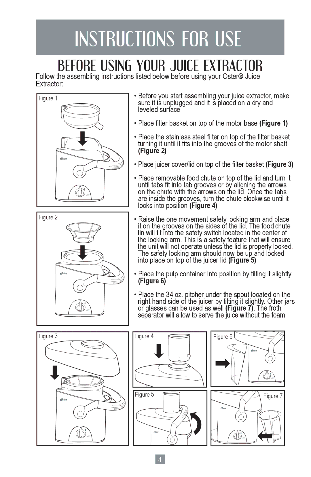 Oster 124828, 3168 user manual Instructions for USE, Before Using Your Juice Extractor 