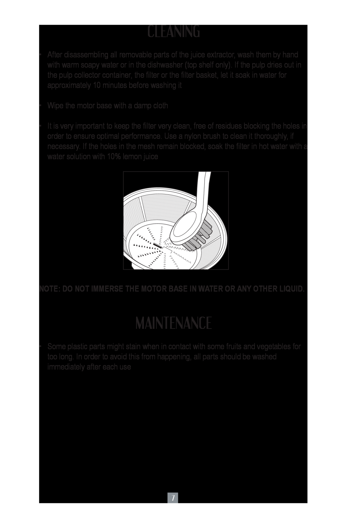 Oster 3167, 3168, JUICE EXTRACTOR user manual Cleaning, Maintenance, Wipe the motor base with a damp cloth 