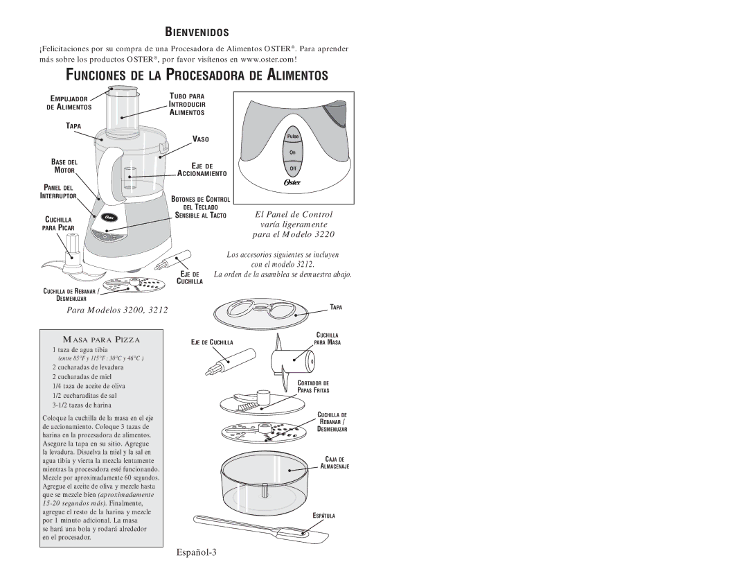 Oster 3200 user manual Funciones DE LA Procesadora DE Alimentos 
